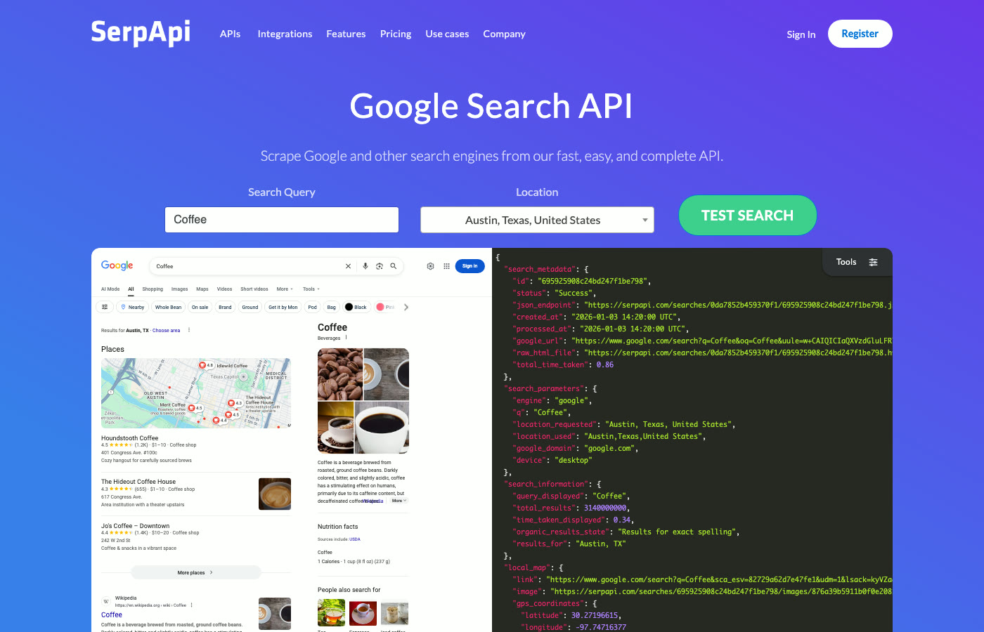 SerpApi Startseite — oben rechts Register zum Account anlegen; rechts der JSON-Output der API