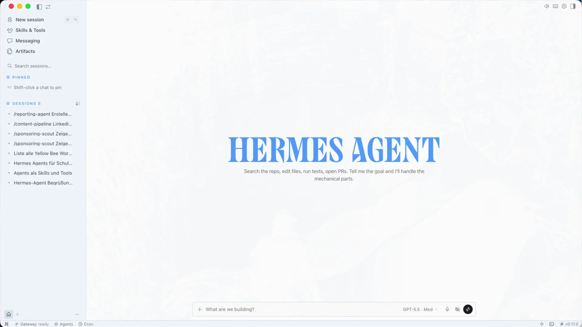 Hermes Desktop App Startbildschirm nach der Installation