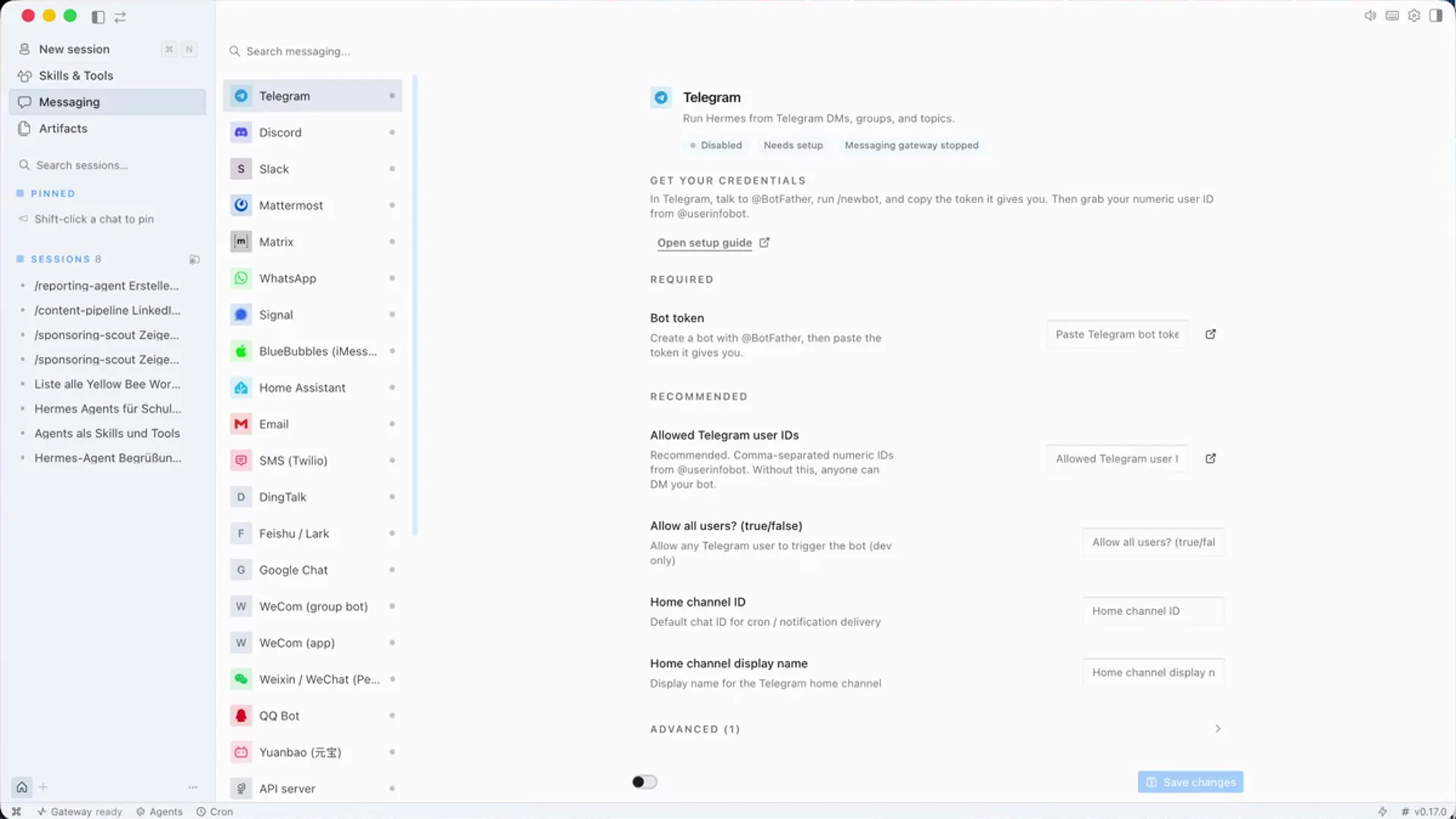 Hermes Desktop App Bereich fuer Telegram Messaging