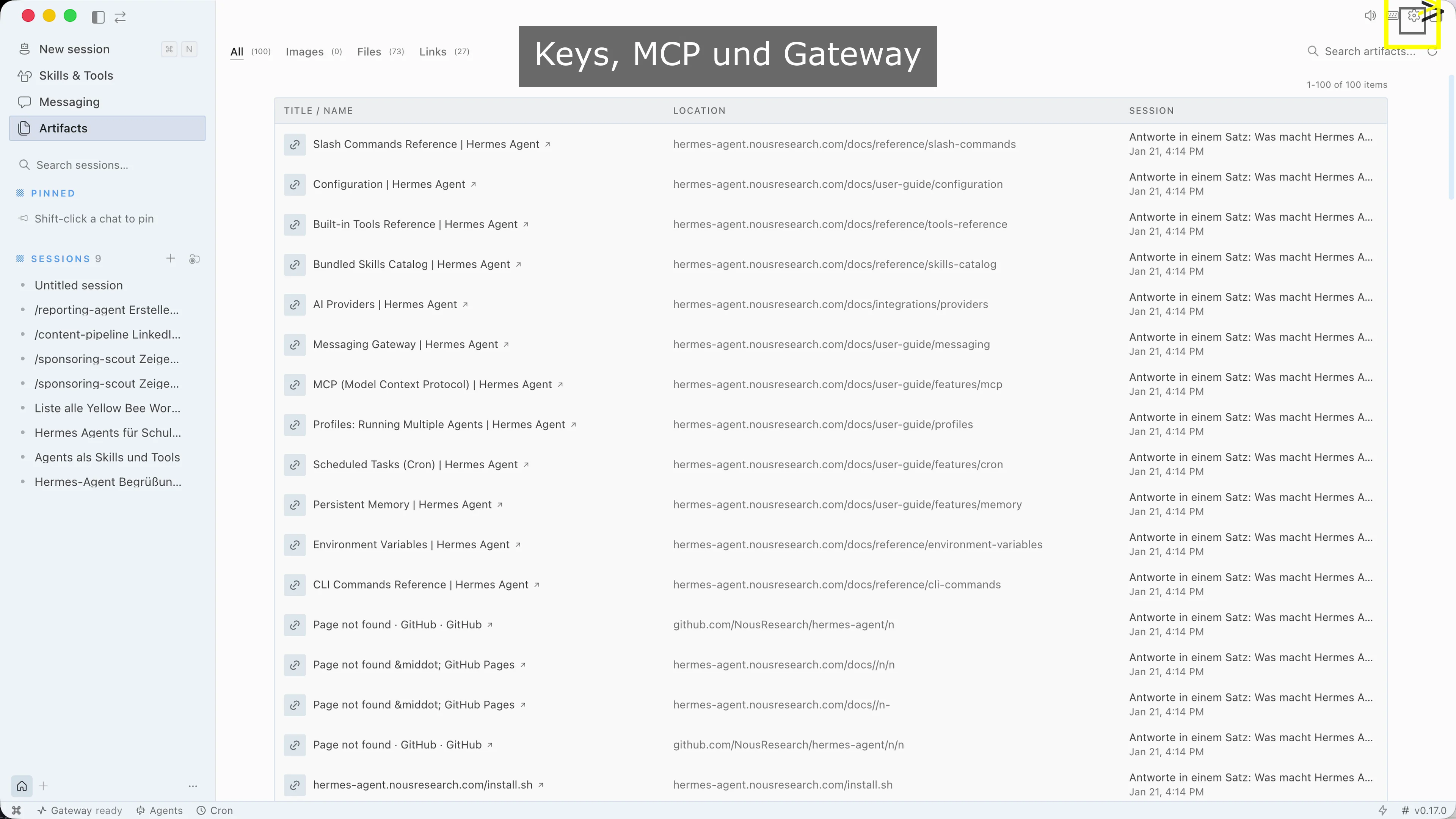 Hermes Desktop App Bereiche fuer Keys MCP und Gateway