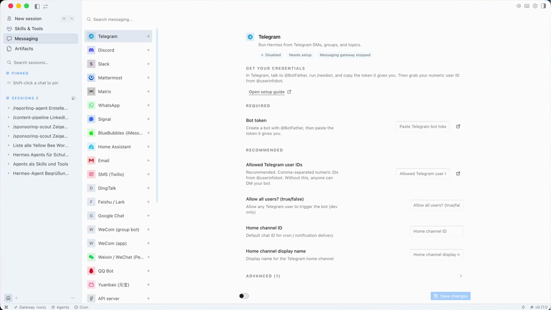 Hermes Desktop Messaging-Konfiguration mit Telegram